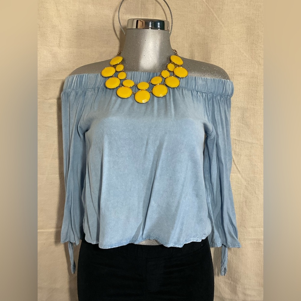 STYLE ENVY, Women Blue Soft Jean Shirt, Off the Shoulder with slit on ba…